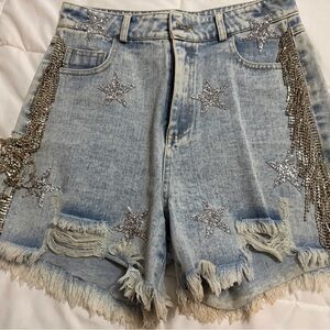 Blue B Embellished Star Denim Shorts with Fringe